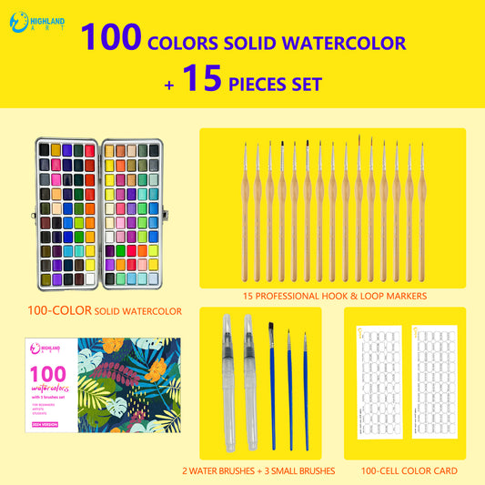 Value Pack - Watercolor Set of 100+15 Pcs Miniature Brush Set,Watercolor Painting Art Set Of 100 With Brush, Multiple color Set, Christmas Gift New Year Gift,Perfect for Beginners ,Students, Artists
