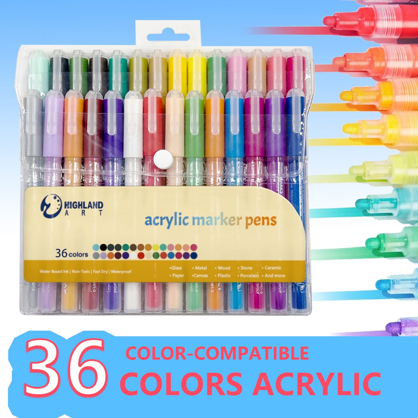 Acrylic Paint Art Markers Set Of 36, Highland Art Value Pack! Multiple color Set, Christmas Gift New Year Gift,Perfect for Beginners ,Students, Artists [Highland Art]