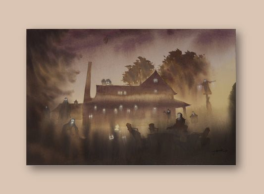 Ghost House (Night) -  "Watercolor Painting" - Halloween - Midnight Party - Painting for Room - 13x20 Inches - [Ando0002]