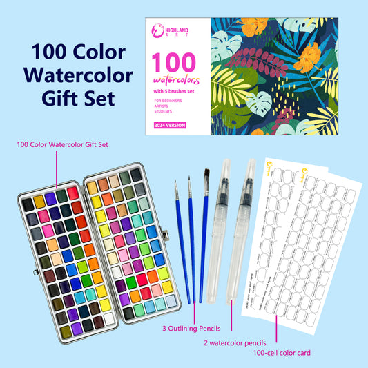 Watercolor Painting Art Set Of 100 With Brush, Multiple color Set, Christmas Gift New Year Gift,Perfect for Beginners ,Students, Artists